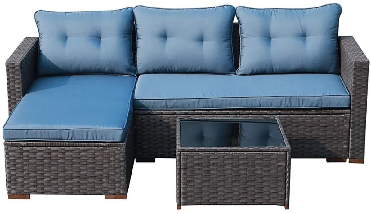 OC Orange-Casual 5-Piece Patio Furniture Set, Outdoor Sectional Sofa, Coffee Table, Dark Brown Rattan & Aegean Blue Cushion