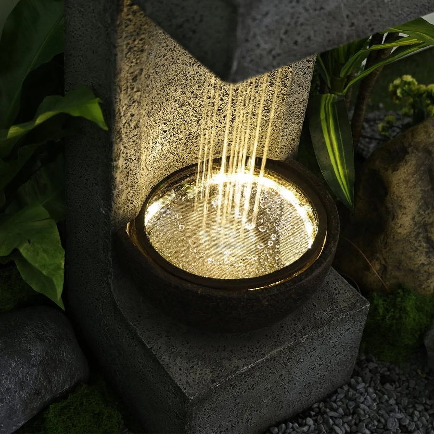 Water Fountain Modern Tiered Outdoor Fountain with Lights and Stone Planter for Garden, Patio, Backyard, Deck, Porch and Home Art Decor