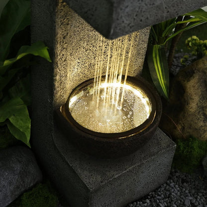 Water Fountain Modern Tiered Outdoor Fountain with Lights and Stone Planter for Garden, Patio, Backyard, Deck, Porch and Home Art Decor