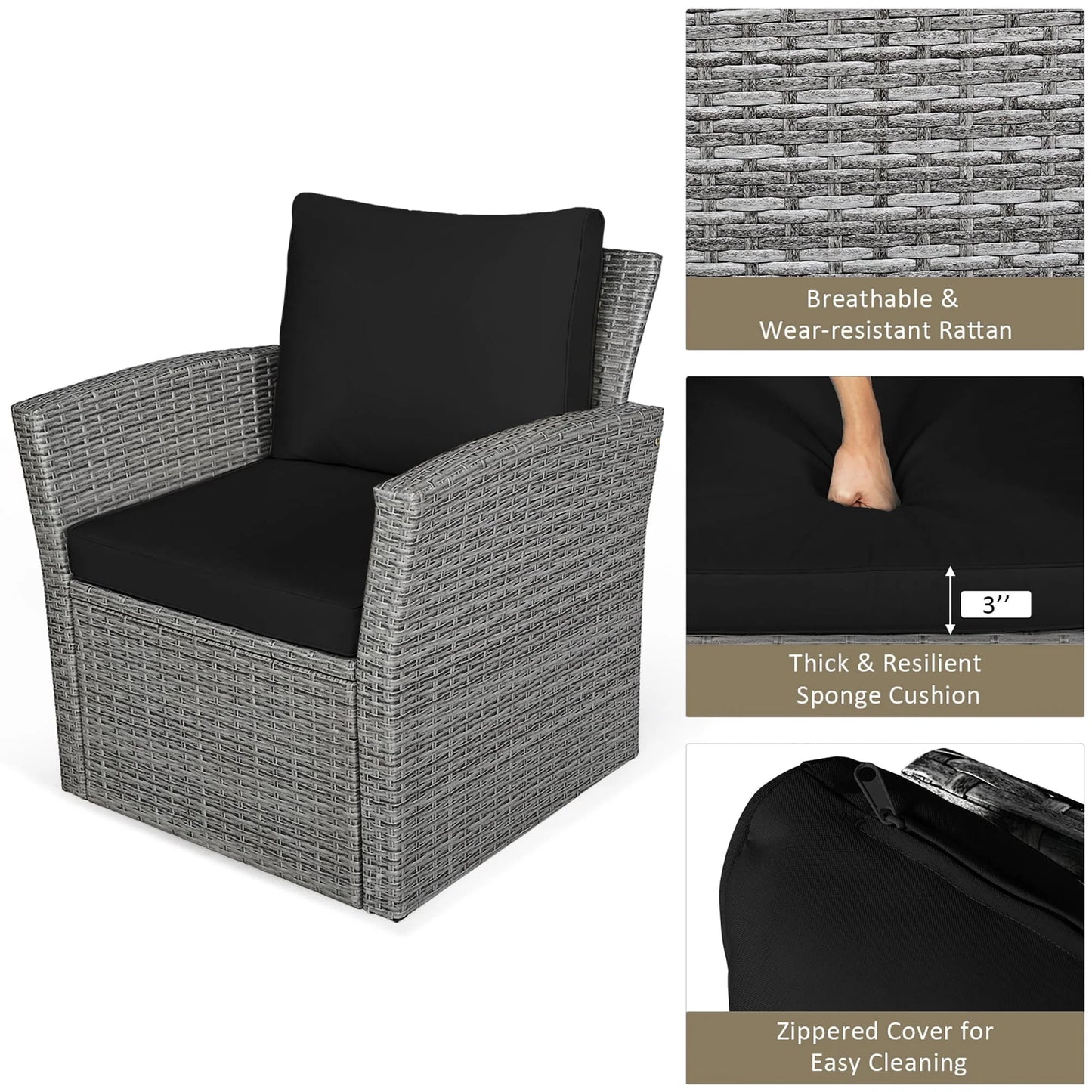 Costway 4PCS Patio Rattan Furniture Set Sofa Table Storage Shelf Black Cushion