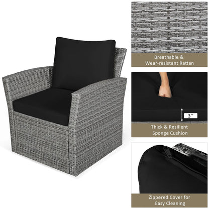 Costway 4PCS Patio Rattan Furniture Set Sofa Table Storage Shelf Black Cushion