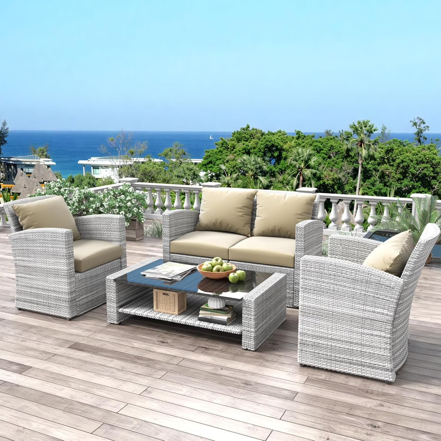 HighSound 4 Piece Patio Furniture Set, Outdoor Wicker Patio Sectional Sofa, All Weather PE Rattan Outdoor Sectional with Cushions & Coffee Table, Dark Gray