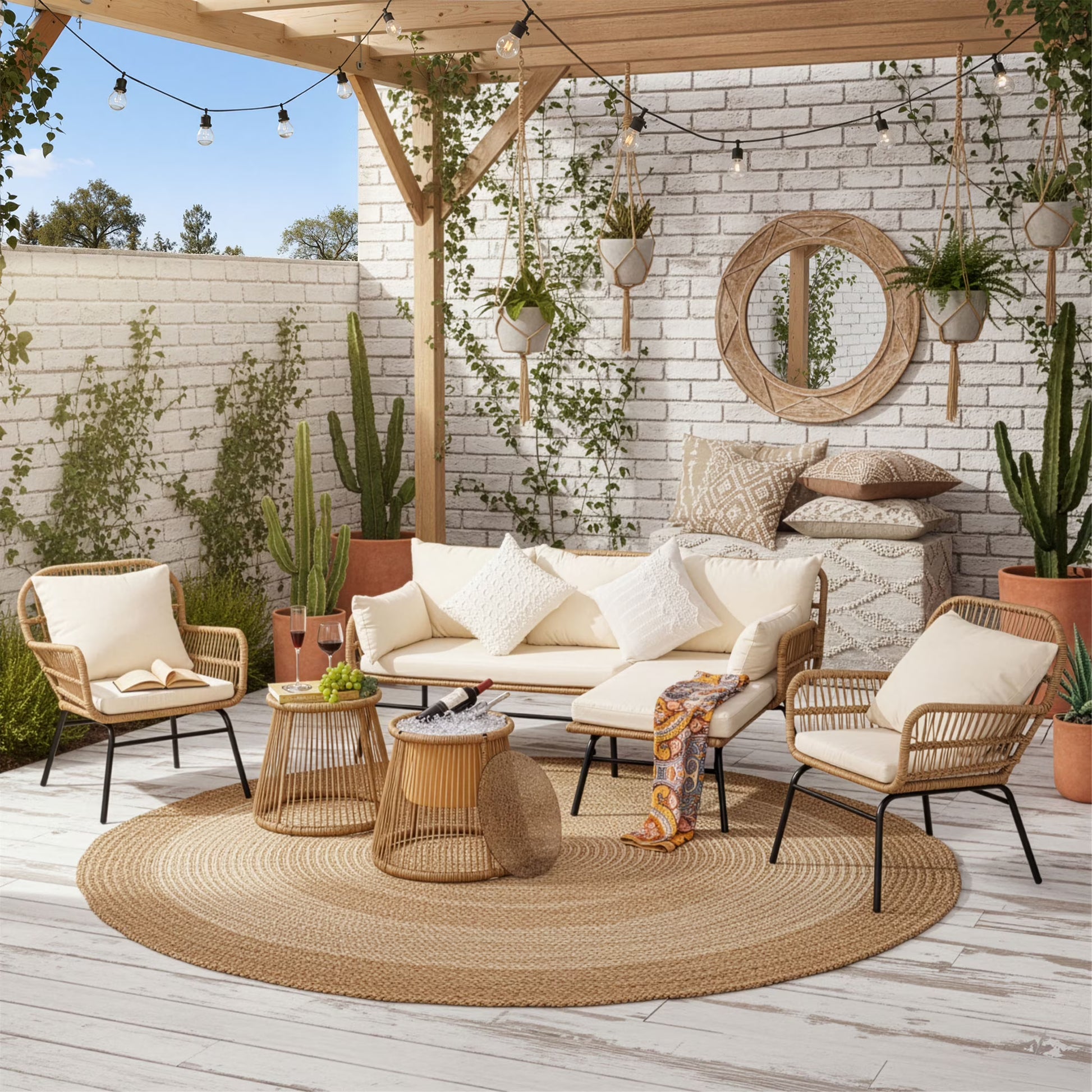 RADIATA 6-Piece Boho Patio Furniture Set, Outdoor Wicker Sectional Sofa Conversation Set with Ice Bucket & Coffee Table, 500lbs Capacity, Beige