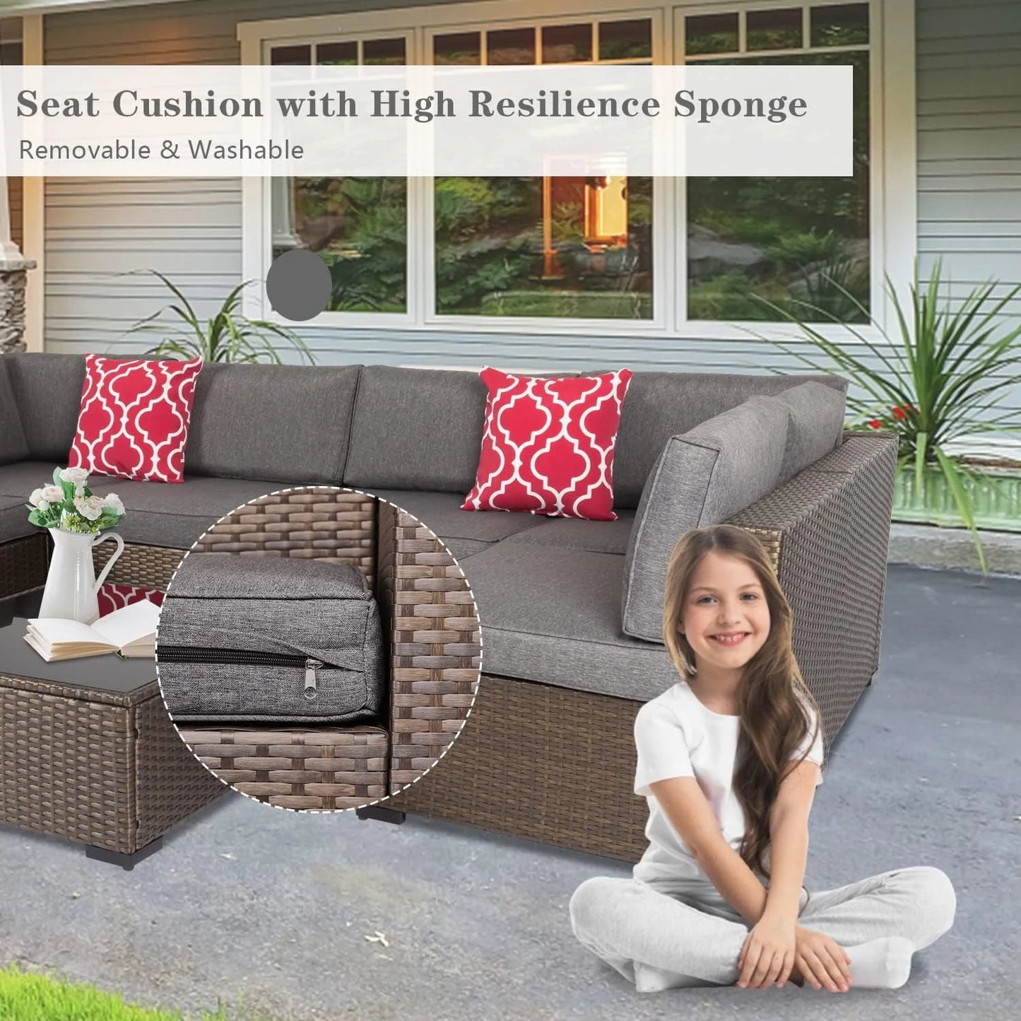 Kinbor 7Pcs Outdoor Furniture Set Wicker Sectional Sofa, Patio Conversation Sofa with Gray Cushion