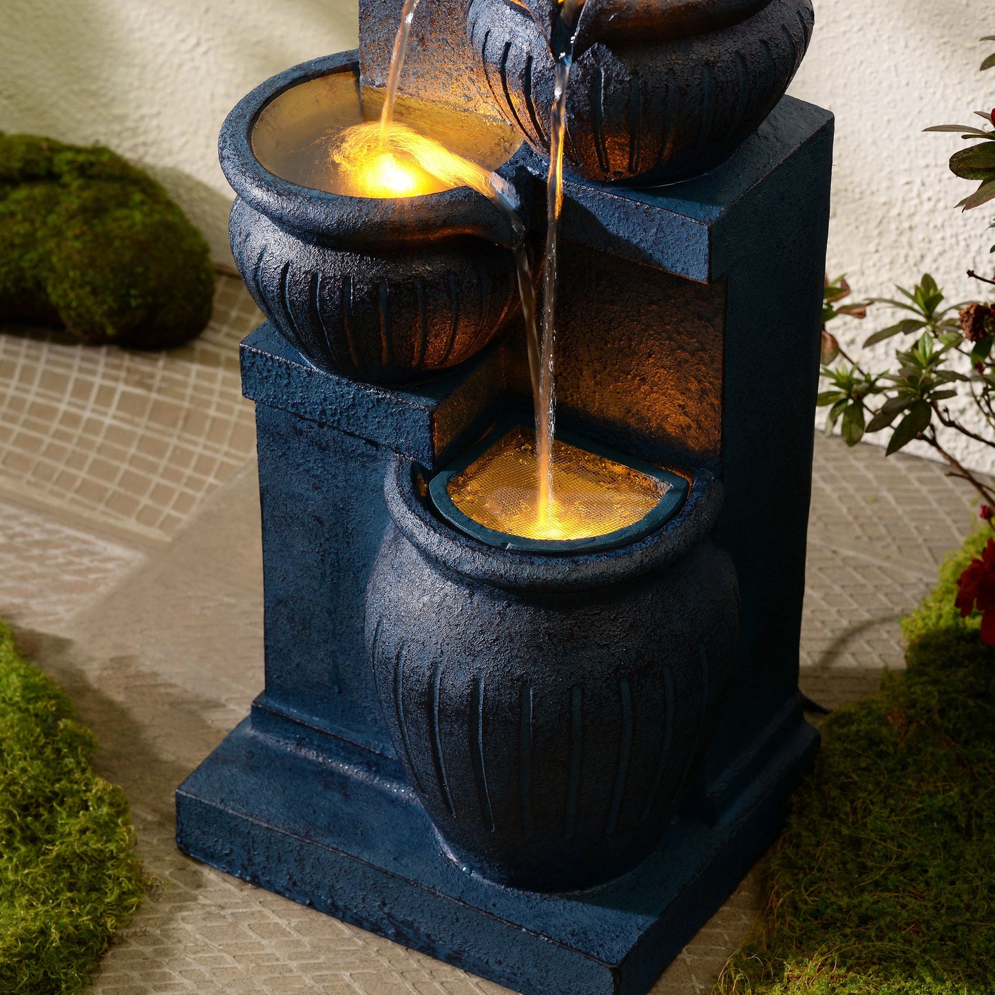 Teamson Home Outdoor Water Fountain with LightsC 4-Tier Cascading Bowl Design with LED Light & Solar Pump, Solar-Powered Water Fountain Outdoor Garden, Yard, or Patio Dcor, Navy Blue
