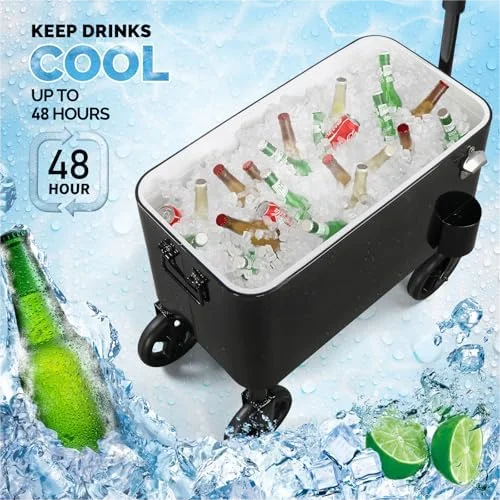 80 Quart Wagon Rolling Cooler Ice Chest,/Long Handle and 10" Wheels, Portable Beach Patio Party Bar Cold Drink Beverage, Outdoor Park Cart on Wheels