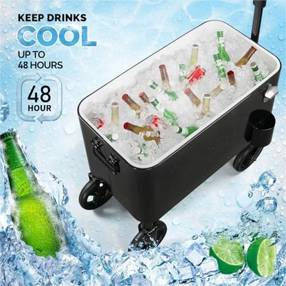 80 Quart Wagon Rolling Cooler Ice Chest,/Long Handle and 10" Wheels, Portable Beach Patio Party Bar Cold Drink Beverage, Outdoor Park Cart on Wheels