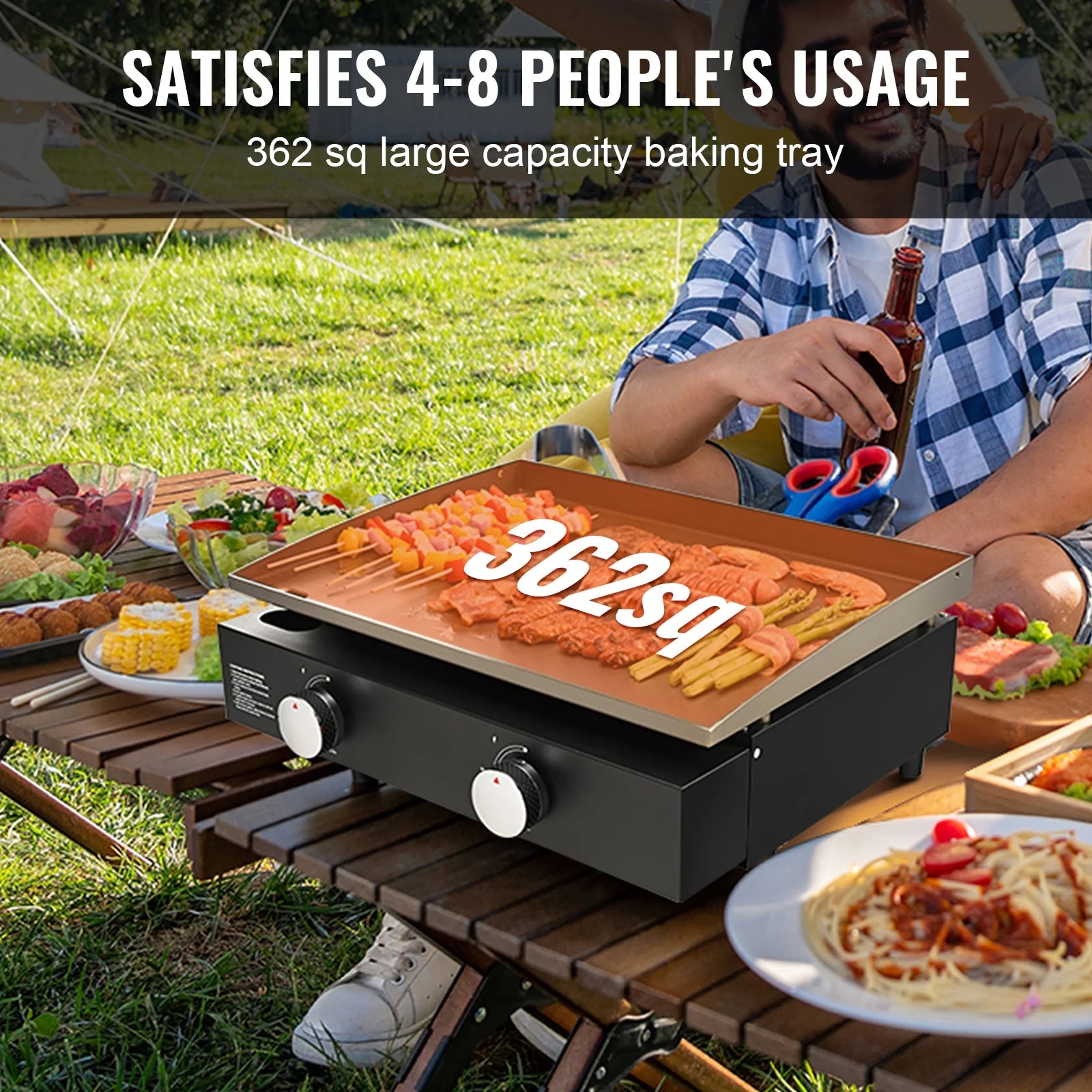 KFFKFF 22.4" Tabletop Gas Griddle, 2-Burner Outdoor Flat Top Grill Griddle with Non-Adhesive Cooking Plate, for Camping, Tailgating, Bbq, Parties, Backyard & Patio