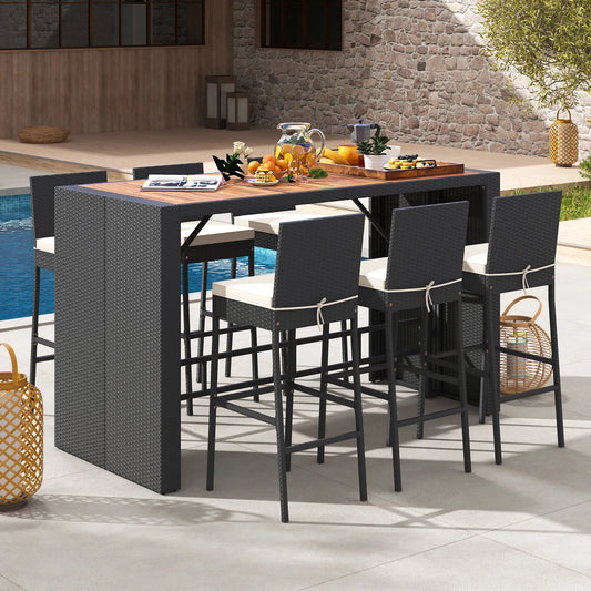 Gymax 7 Pieces Patio Bar Set w/Acacia Wood Tabletop & Removable Cushions Outdoor