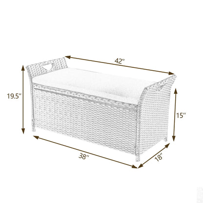 Ulax Furniture 27.6 Gallon Patio Wicker Storage Box, Outdoor Rattan Storage Bench Deck Bin with Cushion and Hydraulic Hinge Lid (Navy)