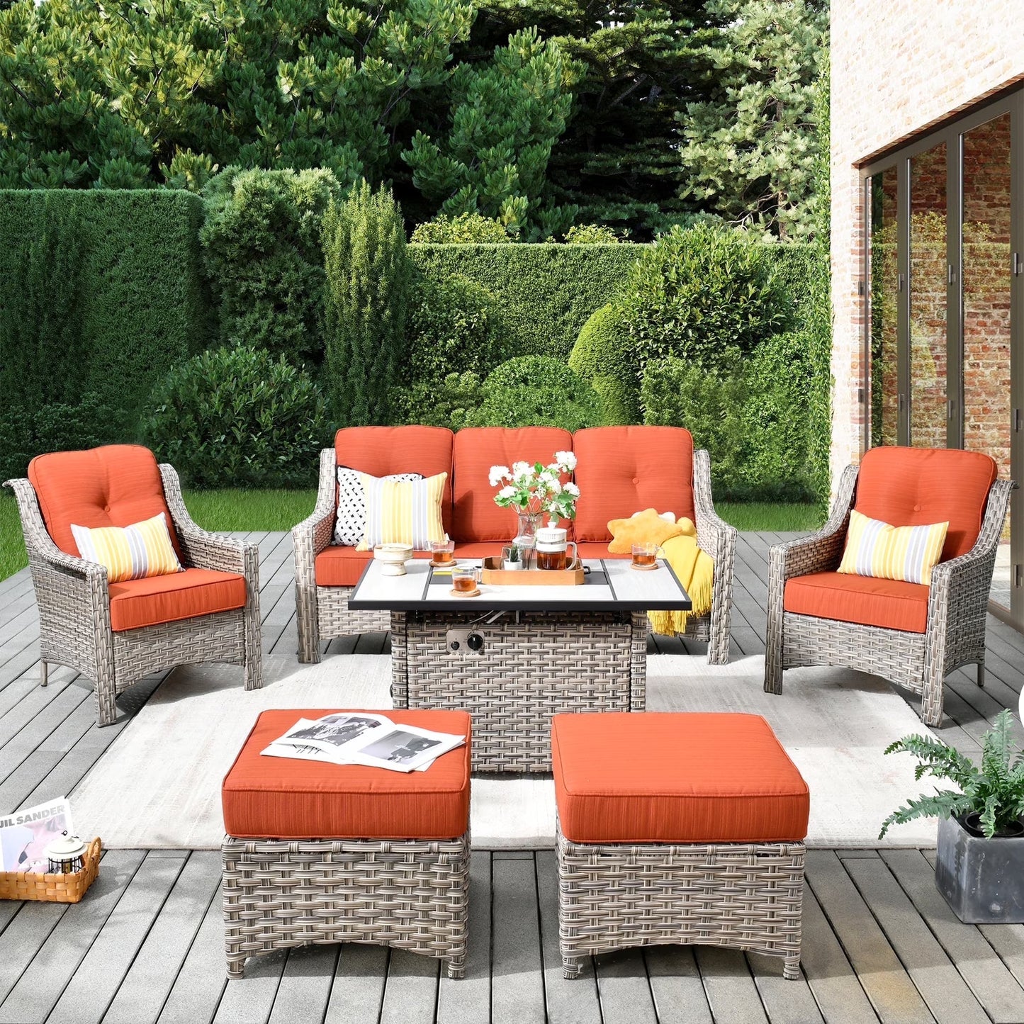 Vcatnet 6 Pieces Outdoor Patio Furniture All Weather Wicker High-Back Conversation Set with Fire Pit Table and Ottoman,Diamond Blue