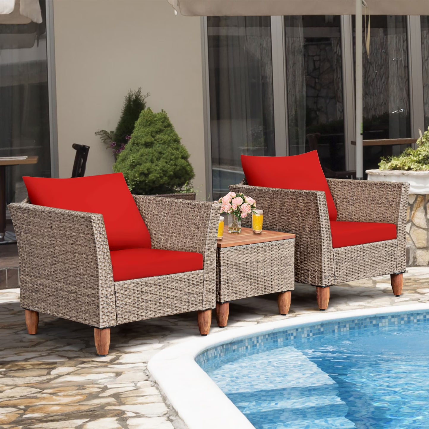 Costway 3PCS Patio Wicker Rattan Sofa Set Furniture Outdoor Acacia Wood Conversation Brown