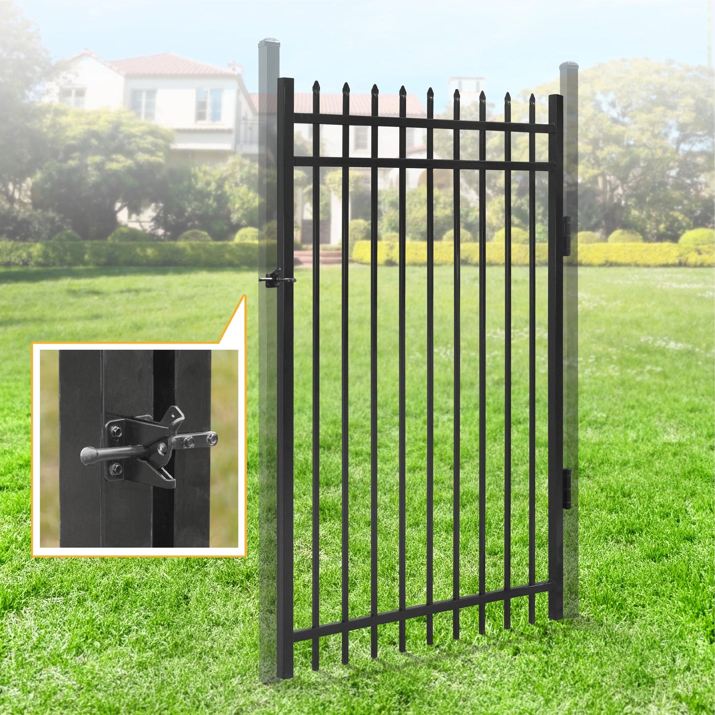 Fencer Wire Heavy Duty Pinnacle Fence Gate, 6FT Height x 4FT Width Outdoor Fence Gate, Outdoor Anti-Rust Metal Steel Gate for Fencing Barrier, Decorative Garden Gate for Residential, Yard, Pool,Patio
