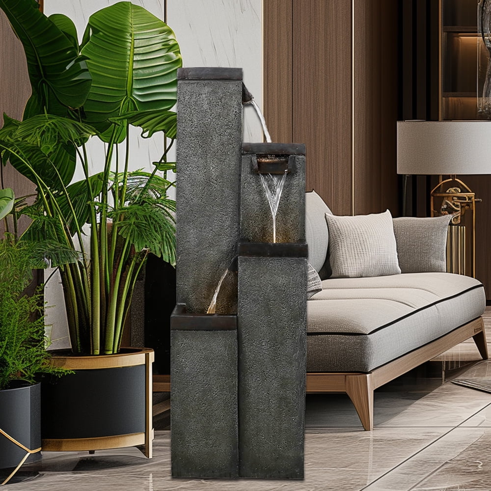 4-Tier Modern Floor-Standing Water Fountain,39.3? Indoor Outdoor Water Fountain with Lights for Garden, Patio Backyard and Home Art Decor
