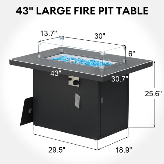 RADIATA 43" Aluminum Propane Fire Pit Table, 60,000 BTU Outdoor Gas Firepit, Rectangle CSA-Certified Patio Fireplace with Wind Guard & Glass Rocks, Rust-Proof Dark Gray Fire Table for Deck Poolside