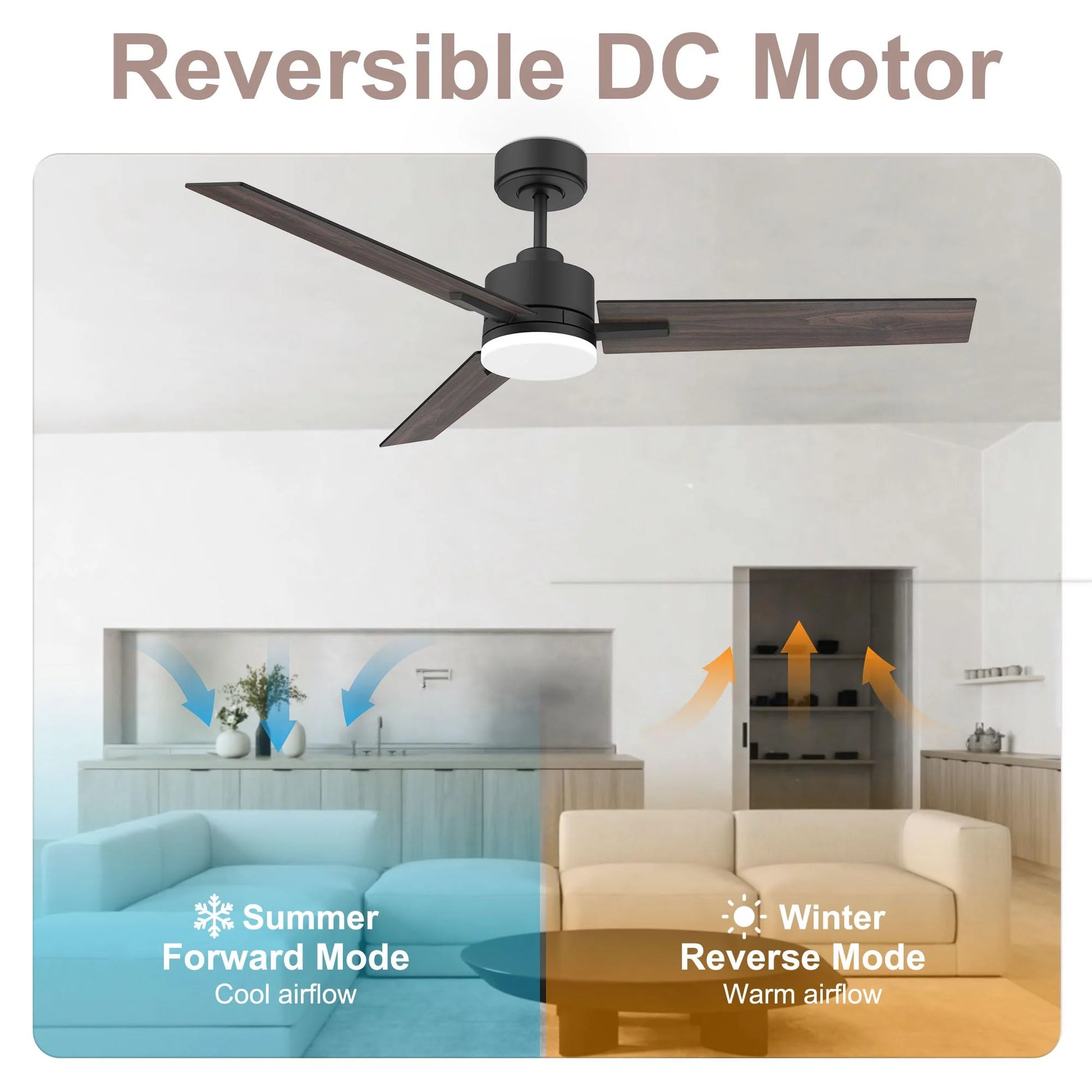 52 Inch Black and Walnut Brown Smart Ceiling Fan with LED Lights Remote,for Bedroom Patio Porch