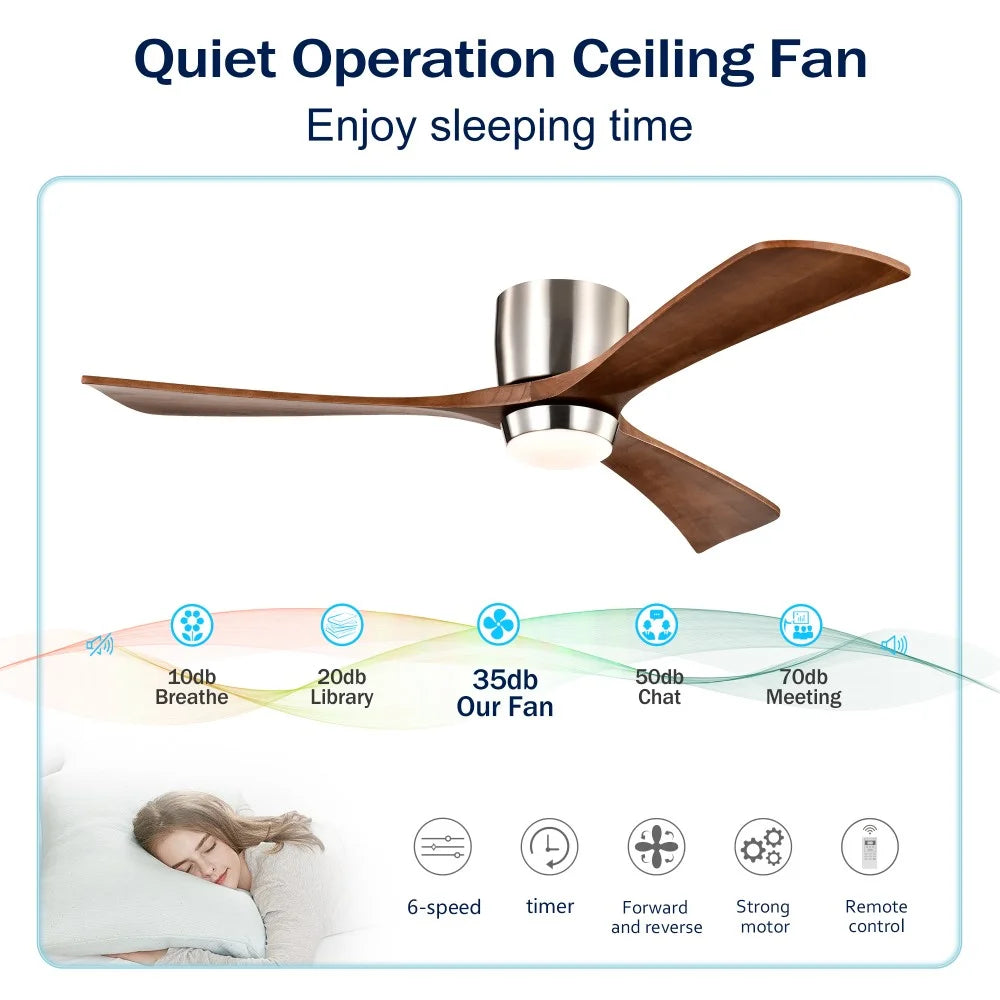 IVV 52 Inch Classic Flush Mount LED Ceiling Fan with Light, Remote Control, Reversible Motor, 6 Speed, 3 Wooden Blades for Bedroom Living Room Patio - Walnut