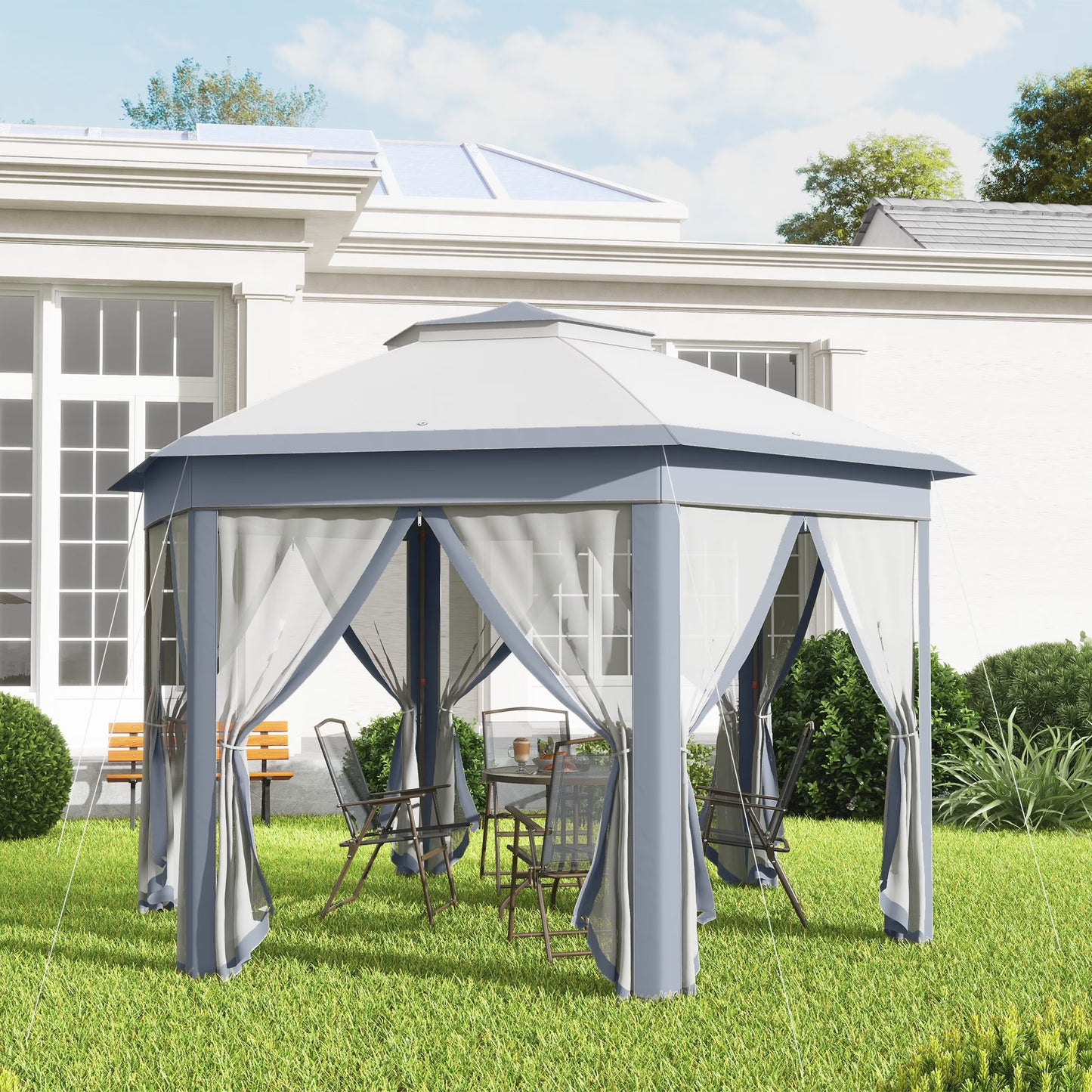 Outsunny 13' x 13' Pop Up Gazebo Hexagonal Canopy with 6 Zippered Mesh Netting, 2-Tier Roof Event Tent with Steel Frame for Patio Backyard, Gray