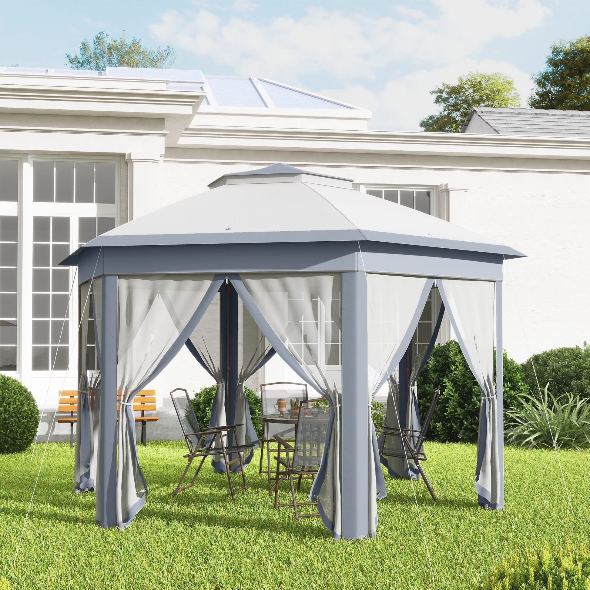 Outsunny 13' x 13' Pop Up Gazebo Hexagonal Canopy with 6 Zippered Mesh Netting, 2-Tier Roof Event Tent with Steel Frame for Patio Backyard, Gray