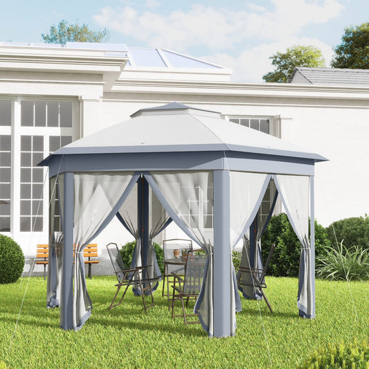 Outsunny 13' x 13' Pop Up Gazebo Hexagonal Canopy with 6 Zippered Mesh Netting, 2-Tier Roof Event Tent with Steel Frame for Patio Backyard, Gray