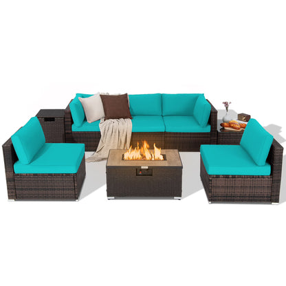 Costway 8PCS Patio Rattan Furniture Set Fire Pit Table Tank Holder Cover Deck Black