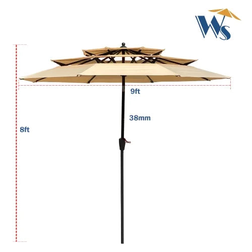 9Ft 3 Tier Patio Umbrella,Outdoor Umbrella with Crank & Tilt,Market Umbrella with Wind Vents,Water Resistant,UV Protection 40+,Canopy Umbrella for Patio/Garden/Pool/Table