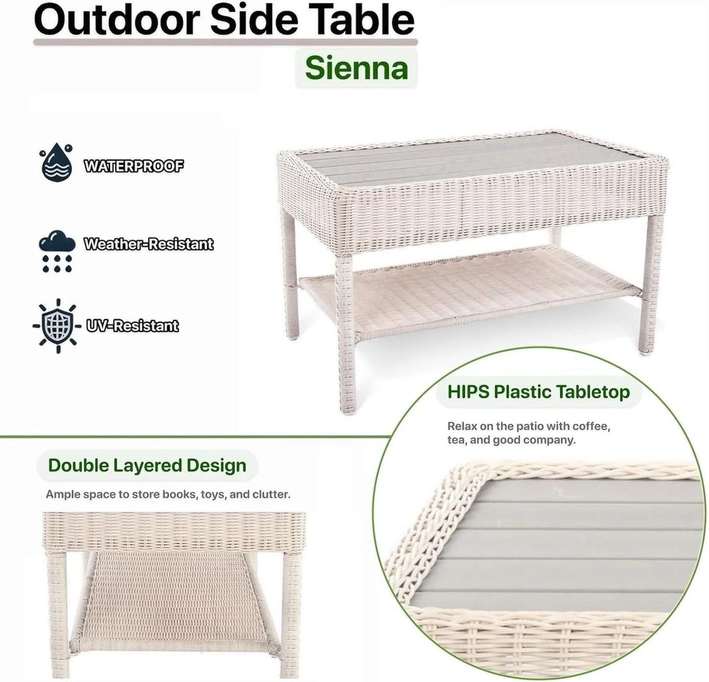 Krikacy Double Layer Wicker Coffee Table,All-Weather HDPE Hand-Woven Table,for Patio Lawn,Beige