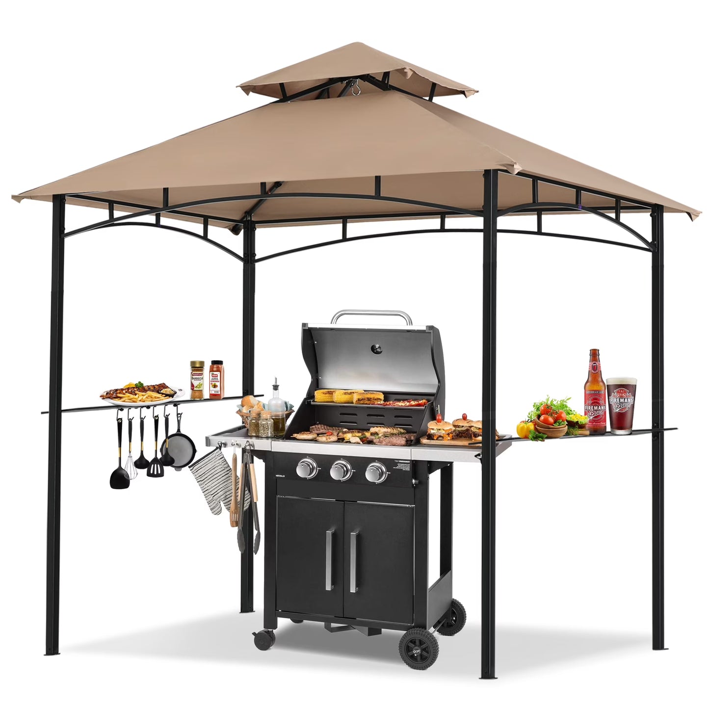 MASTERCANOPY 8' x 5' Grill Gazebo Outdoor BBQ Gazebo Canopy with LED Lights for Patio, Brown