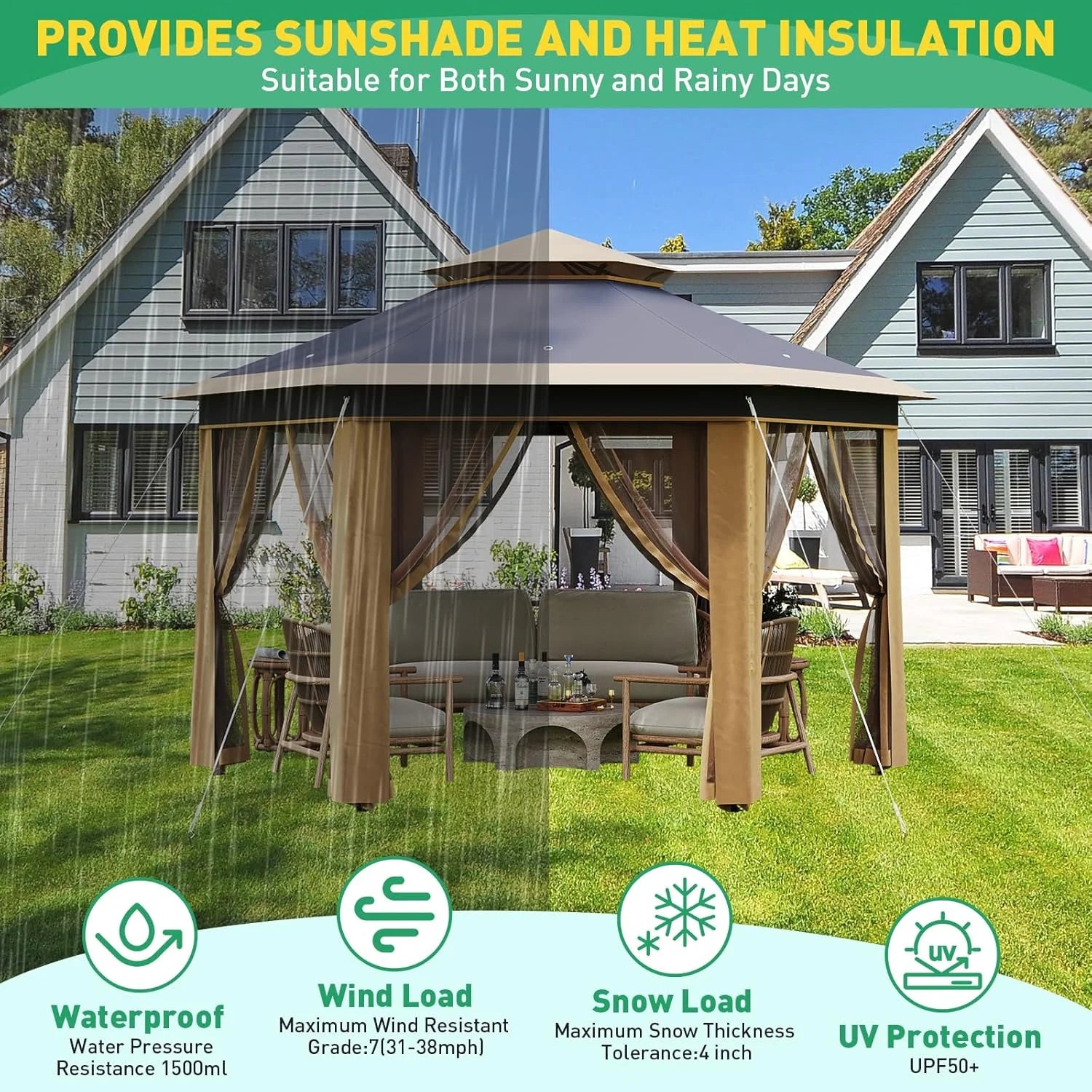 Pop Up Gazebo 13x13ft, Hexagonal Outdoor Canopy Shelter, Instant Patio Gazebo Tent with Mesh Netting and Strong Steel Frame for Patio Backyard Garden Wedding Party