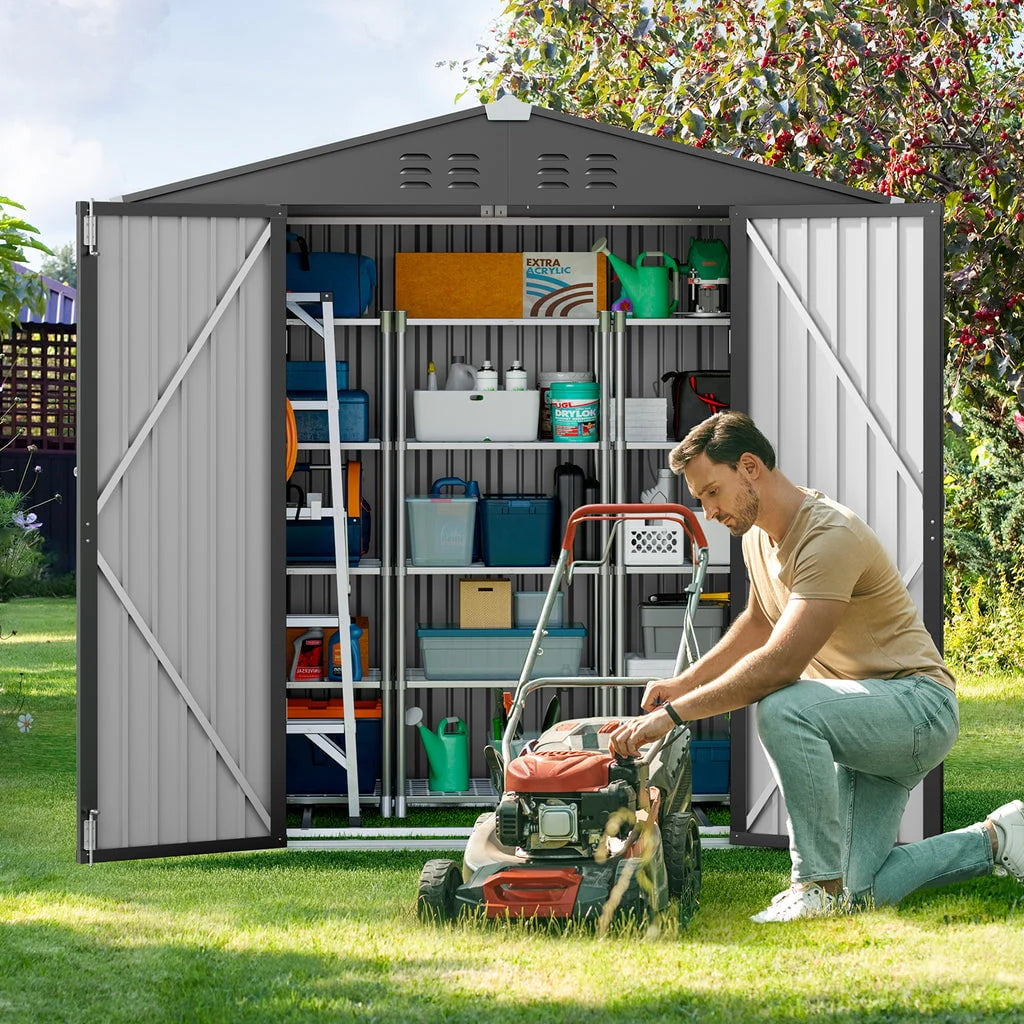 Aiho 6 x 4 FT Outdoor Storage Shed on Clearance with Metal Base Frame and Double Lockable Doors for Garden, Patio- Grey