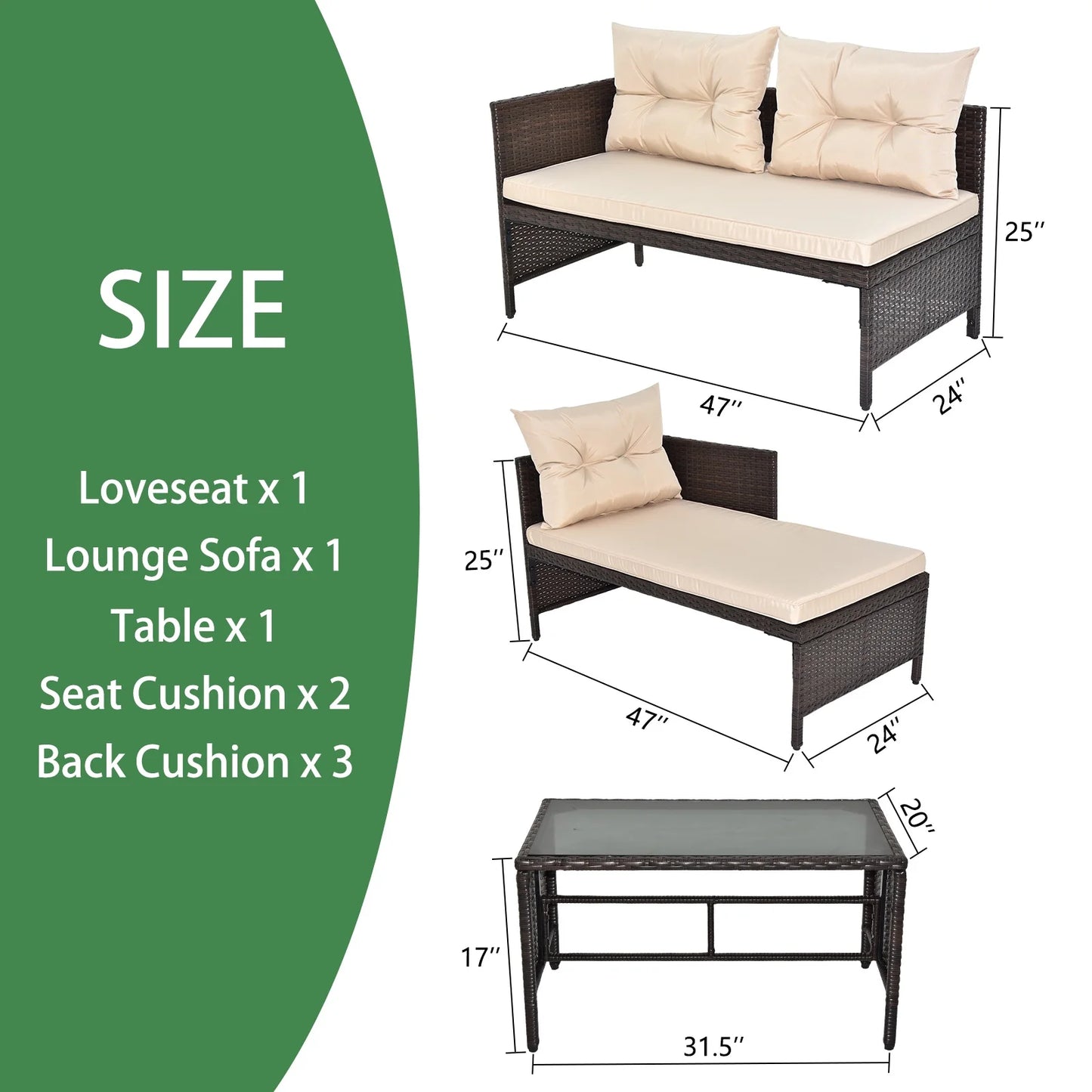 Outdoor Patio Furniture Set of 3, Rattan Wicker Outdoor Swivel Glider Rocker w/Table and Cushions, Brown