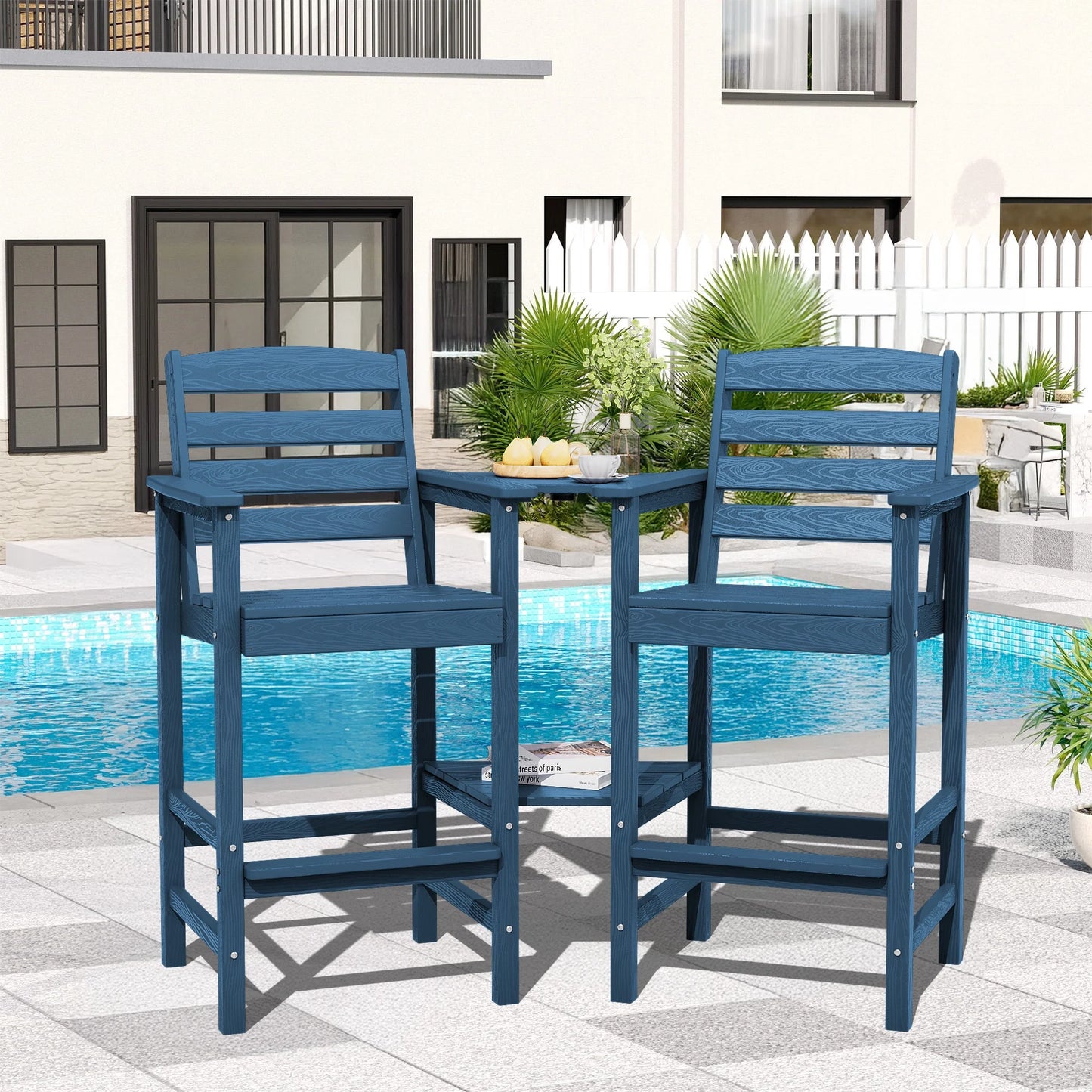 JUSTLET Tall Adirondack Chair Set of 2 with Double Connecting Tray, HDPE Outdoor Weather Resistant Patio Bar Stools for Patio, Balcony, Porch, Navy Blue