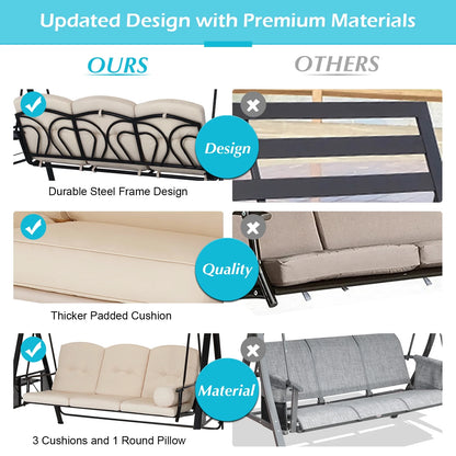 AECOJOY 3 Persons Outdoor Patio Canopy Steel Porch Swing Chair-Beige, Porch Swing