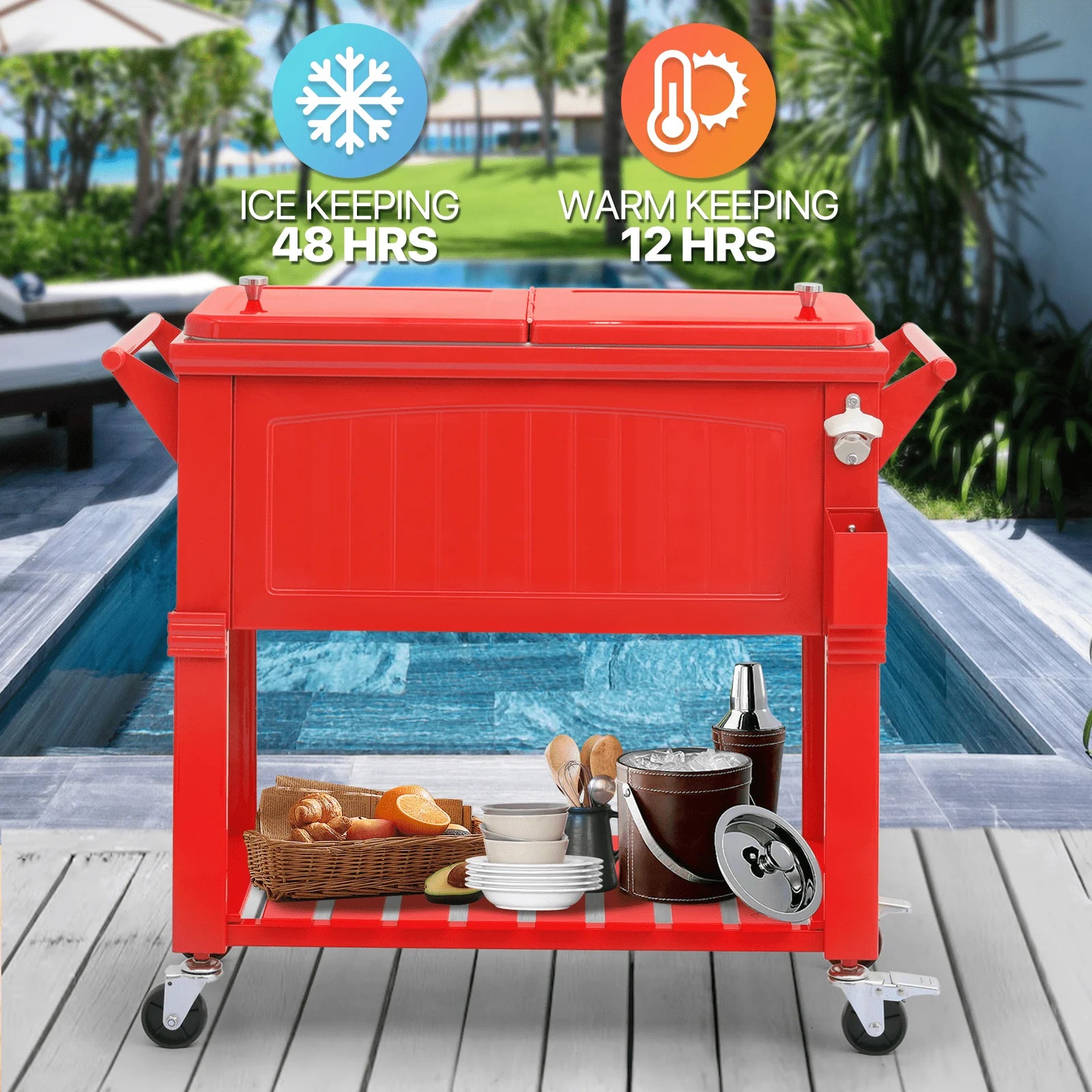 Magshion Rolling Patio Cooler Ice Chest with Wheels & Ice Scoop, Outdoor Cold Drink Beverage Bar Cart with Storage Shelf & Bottle Opener Deck Backyard Party Tub Trolley Cart, Red