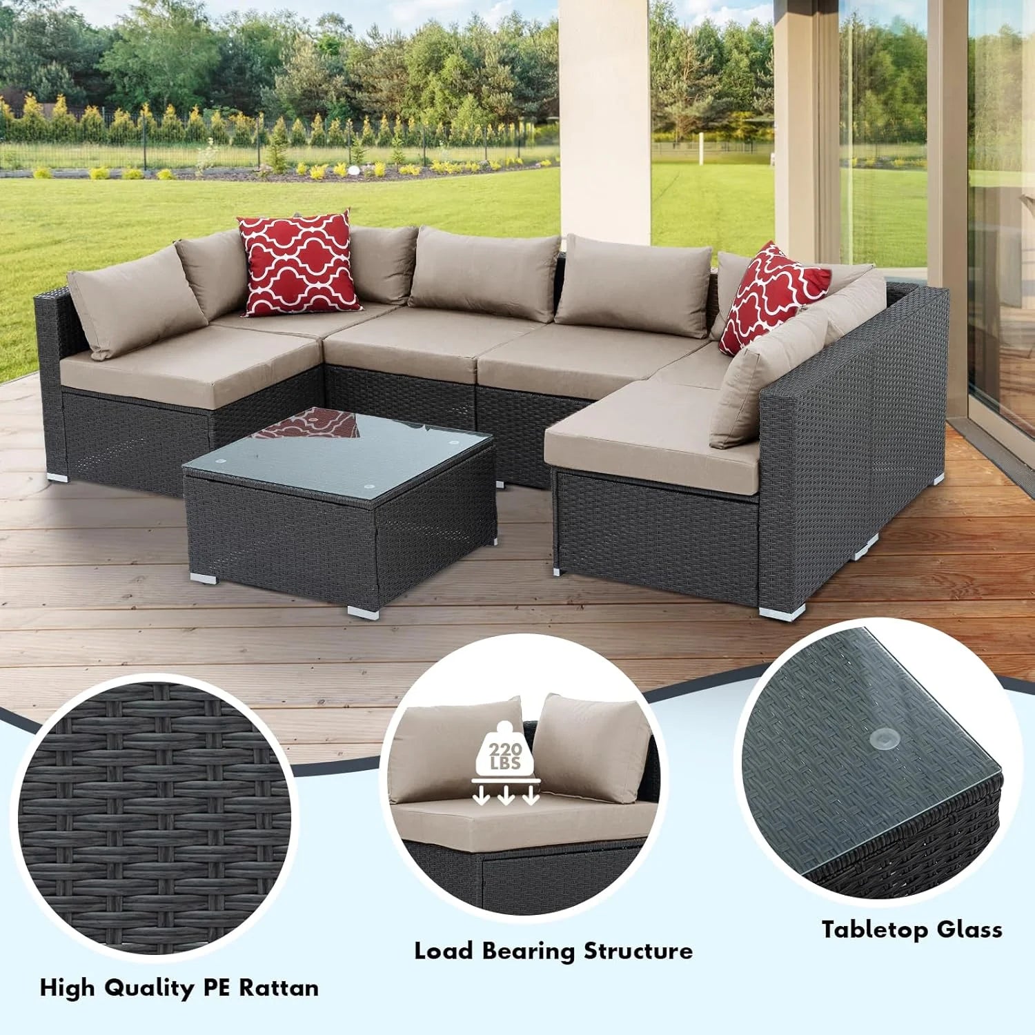 HighSound 7 Piece Patio Furniture Set, Outdoor Wicker Patio Sectional Sofa, All Weather PE Rattan Outdoor Sectional with Cushion & Coffee Table, Khaki