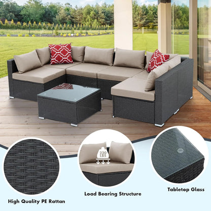 HighSound 7 Piece Patio Furniture Set, Outdoor Wicker Patio Sectional Sofa, All Weather PE Rattan Outdoor Sectional with Cushion & Coffee Table, Khaki