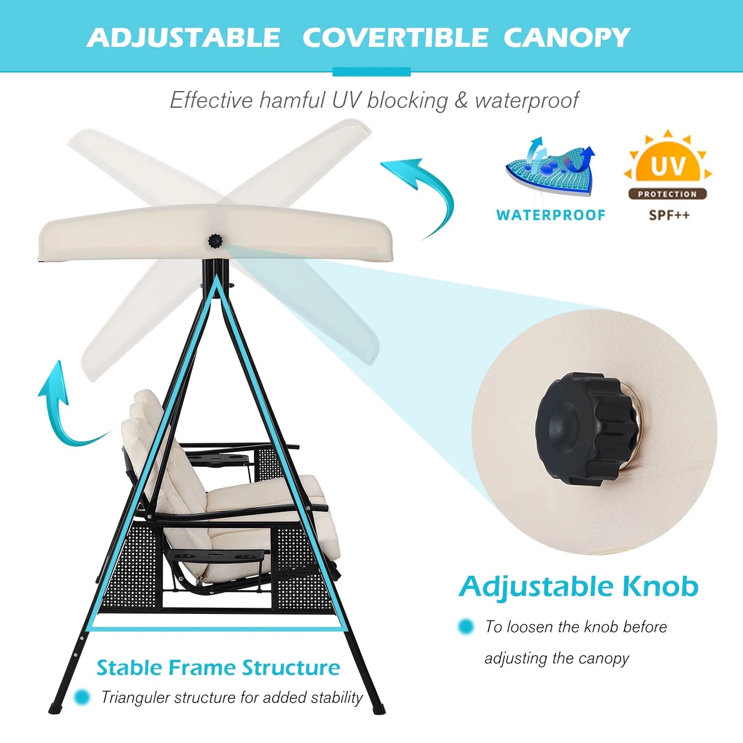 AECOJOY 3 Persons Outdoor Patio Canopy Steel Porch Swing Chair-Beige, Porch Swing