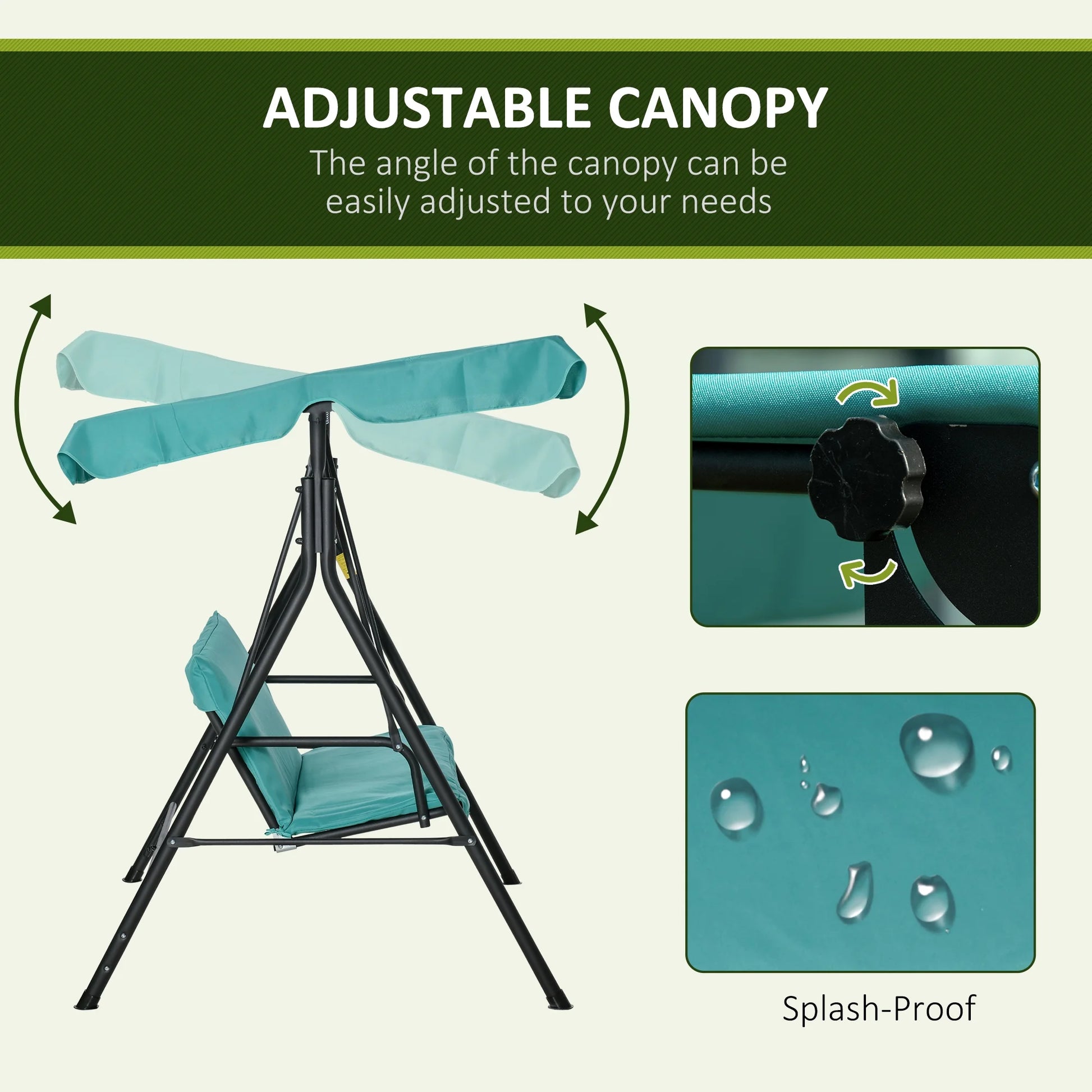 Outsunny 3-Seat Outdoor Patio Swing Chair with Removable Cushion, Steel Frame Stand and Adjustable Tilt Canopy for Patio, Garden, Poolside, Balcony, Backyard, Green