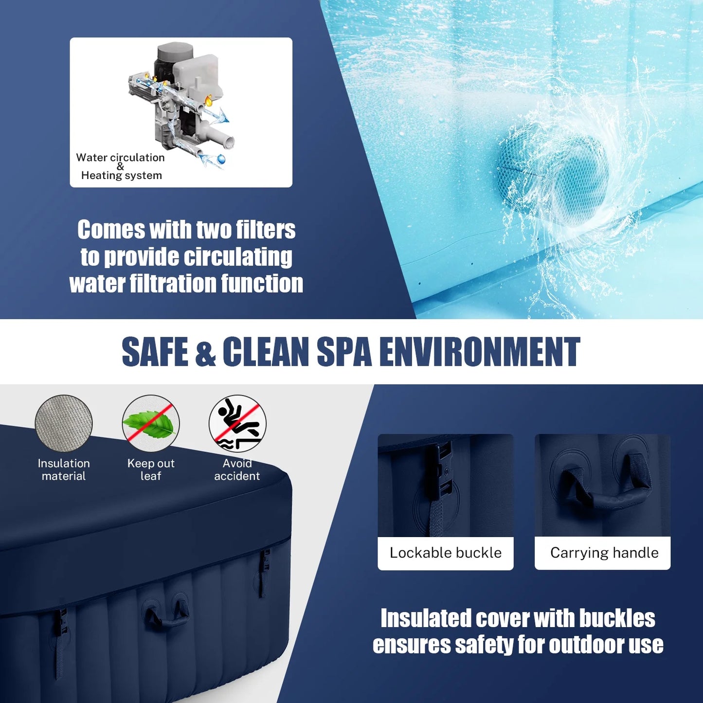 Hot Tub for 4-6 Person, Seizeen Outdoor Patio Large Inflatable Hot Tub Home SPA, with 130pcs Massage Jets, 910L, 4 Filters, 2 Cup Holders, Lockable Cover, Storage Bag, Max 104° F, 73in, Navy