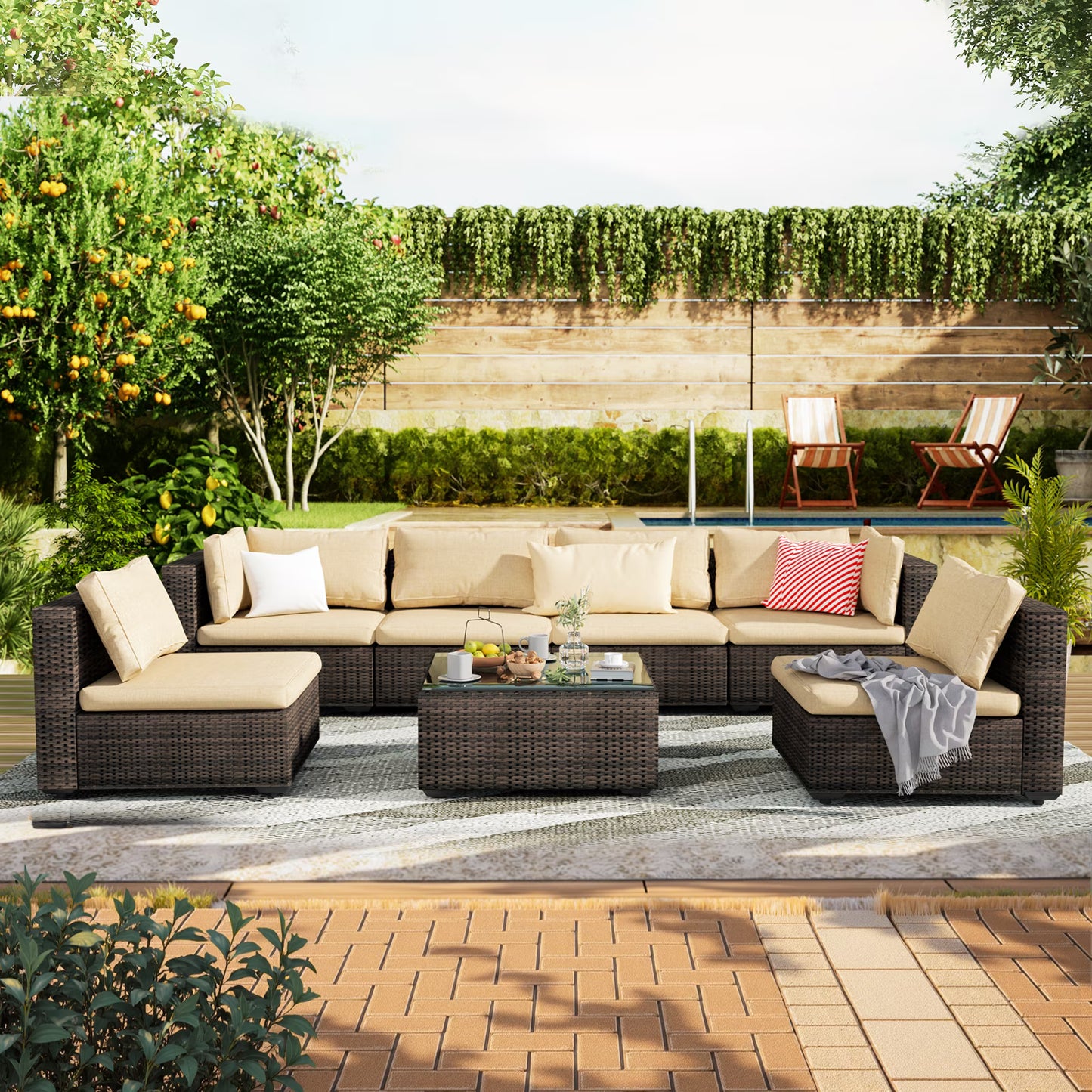 Grezone 7 Patio Outdoor Furniture Wicker Sectional Sofa Couch Lawn Sectional, Black