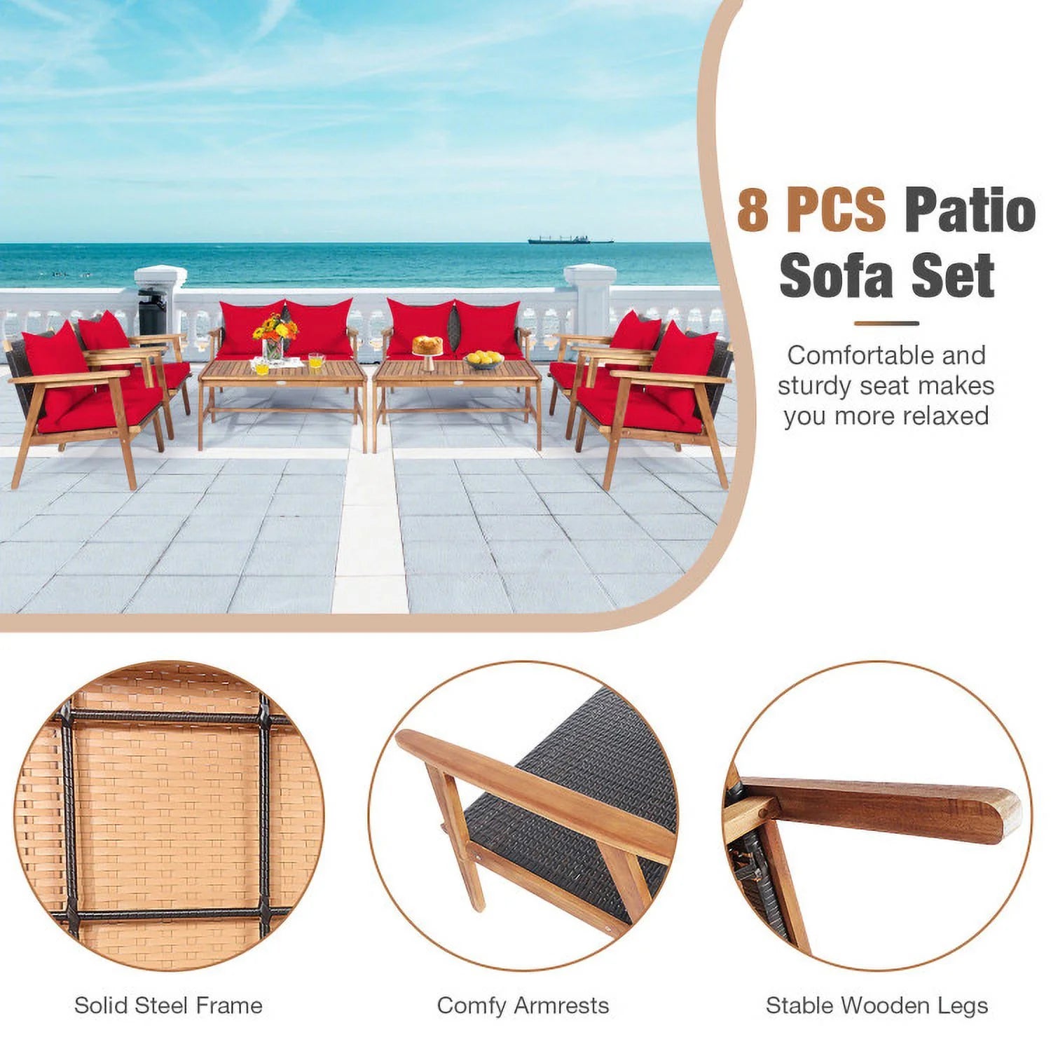 Barara King Outdoor Collection Set, Patio Conversation Table Chair Set, 4 Piece Acacia Wood Patio Rattan Furniture Set-Brown