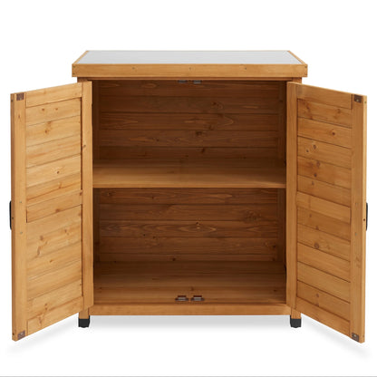 Outdoor Storage Cabinet and Potting Bench with Metal Tabletop and Storage Cabinet - Wooden Outdoor Garden Patio Workstation Table, Gray