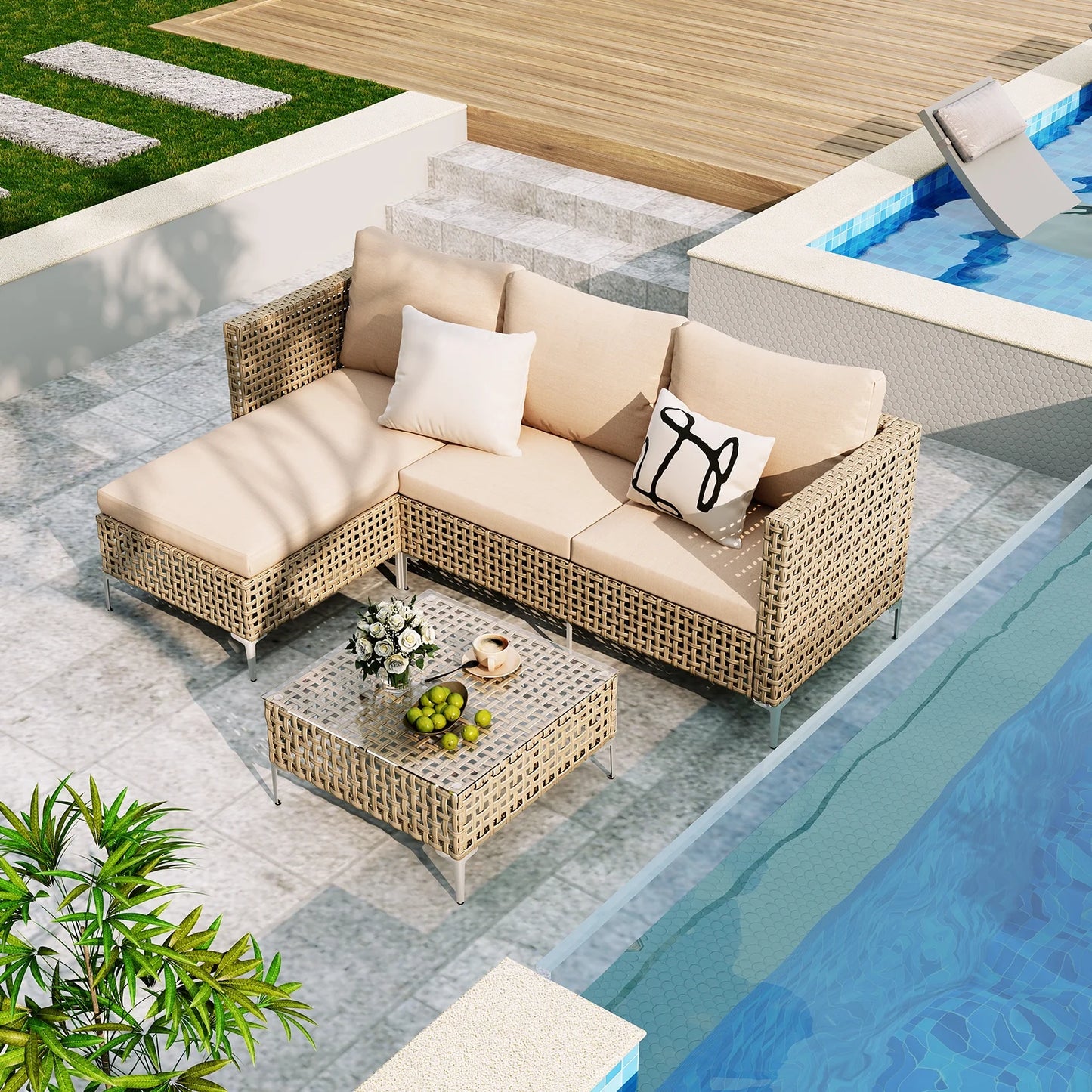 3 Piece Patio Furniture Set with Chaise Longue & Coffee Table, Outdoor Wicker Conversation Set for Patio, Porch, Backyard - All-Weather Yellow/Beige Cushions (Waterproof & Fade-Resistant)