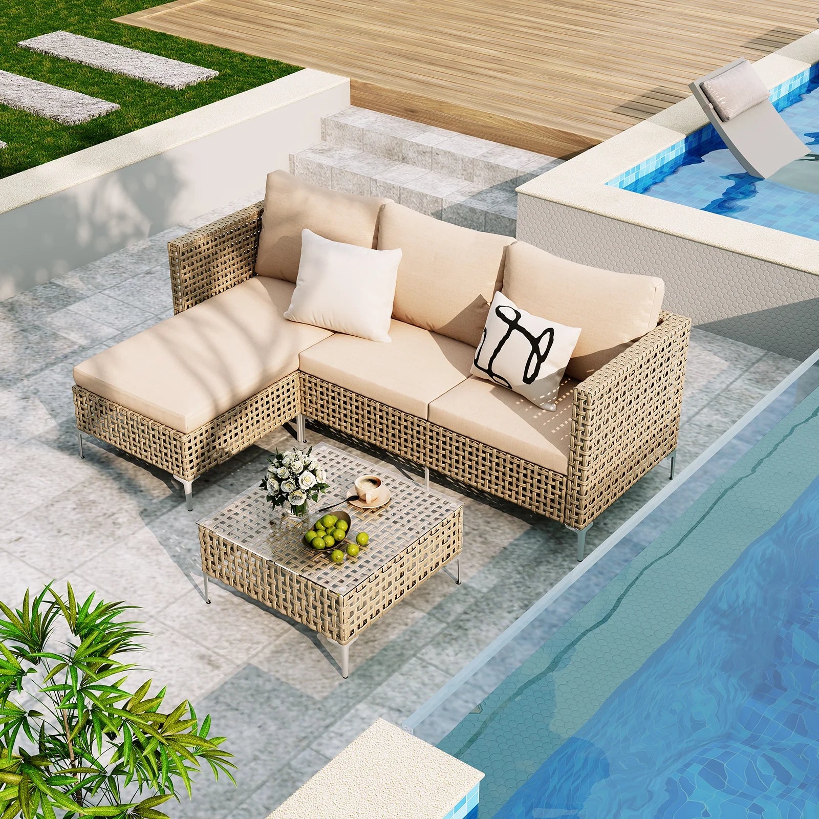 3 Piece Patio Furniture Set with Chaise Longue & Coffee Table, Outdoor Wicker Conversation Set for Patio, Porch, Backyard - All-Weather Yellow/Beige Cushions (Waterproof & Fade-Resistant)