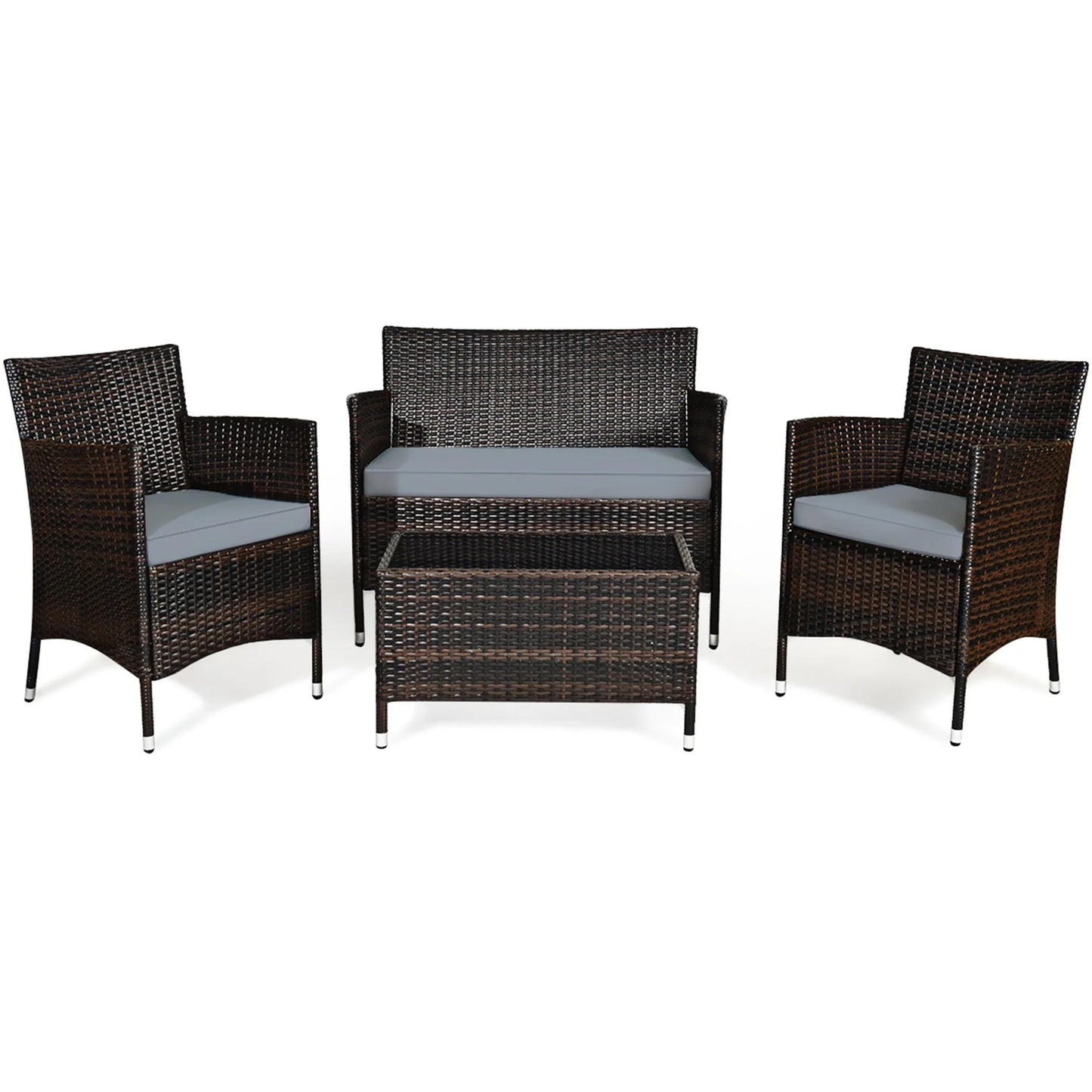 Gymax 4PCS Patio Rattan Conversation Furniture Set Outdoor w/Gray Cushion
