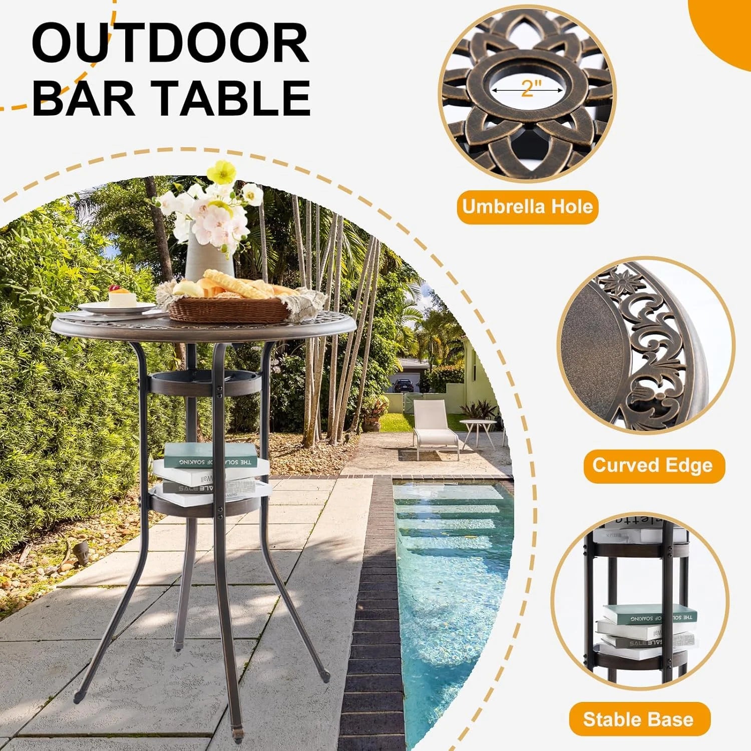 Bar Height Outdoor Table and Chairs, 3 PCS Cast Aluminum Patio Swivel Bar Set Include 31.5" Outdoor High Top Table and Barstool Set of 2 with Cushions