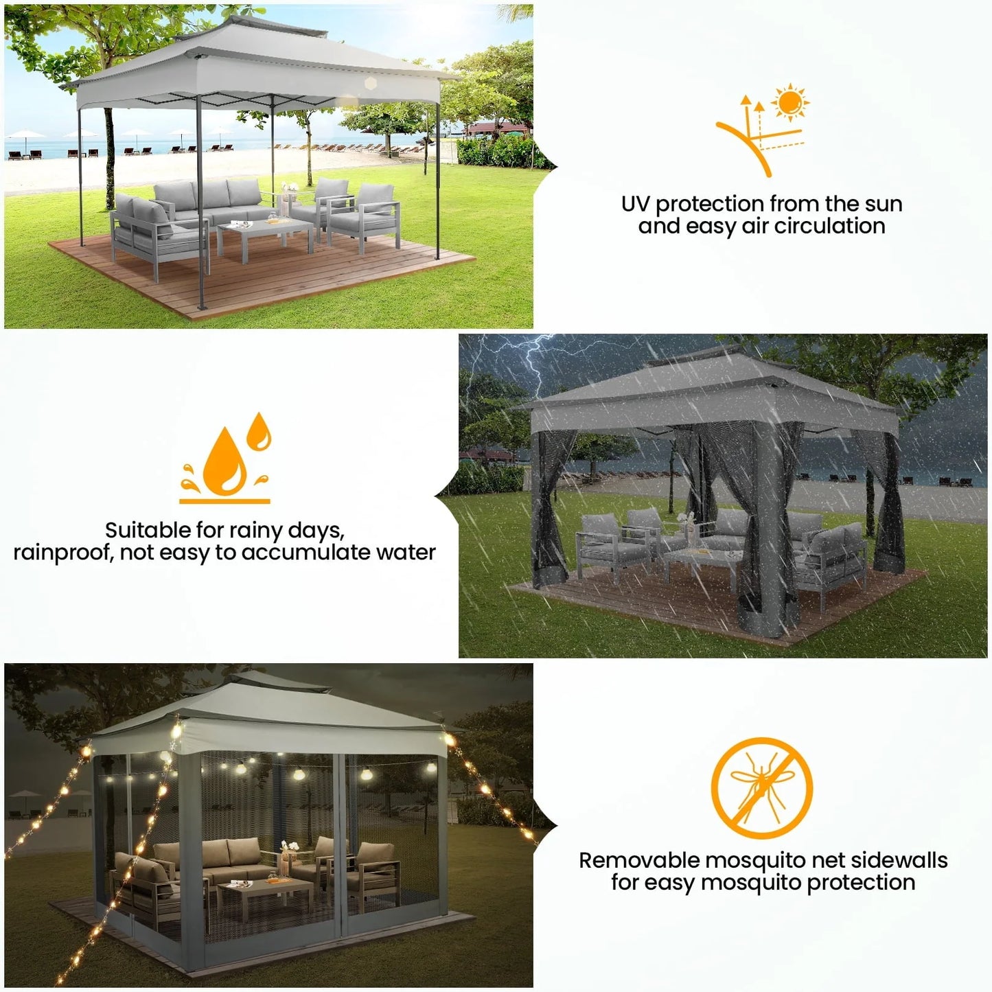 SANOPY 11 x 11 ft Outdoor Patio Gazebo with Ventilated Double Roof and Mosquito Net, Pop up Steel Gazebo Tent for Patios, Backyard, Garden and Beach