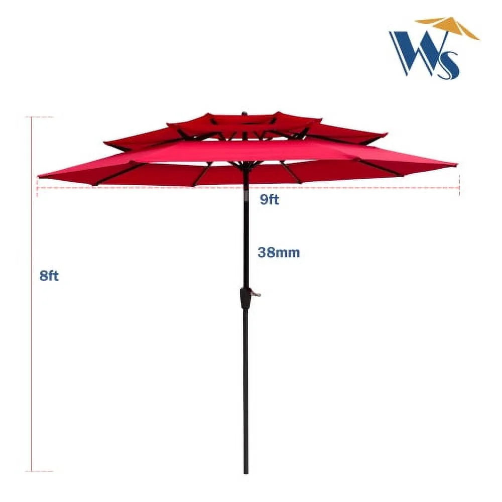9Ft 3 Tier Patio Umbrella,Outdoor Umbrella with Crank & Tilt,Market Umbrella with Wind Vents,Water Resistant,UV Protection 40+,Canopy Umbrella for Patio/Garden/Pool/Table