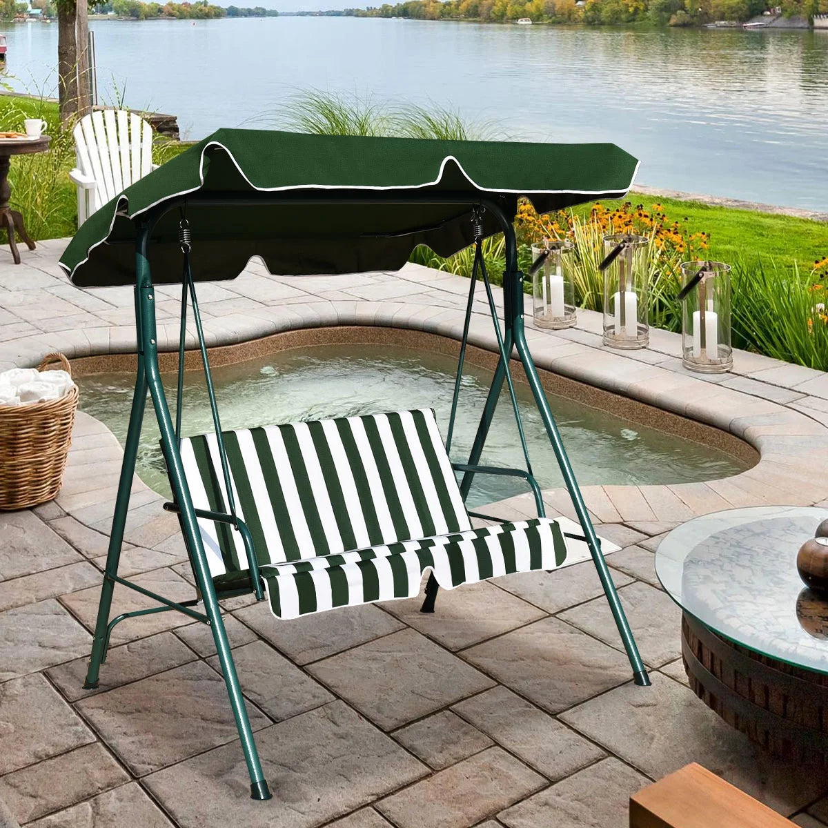 Costway Loveseat Patio Canopy Swing Glider Hammock Cushioned Steel Frame Outdoor Green