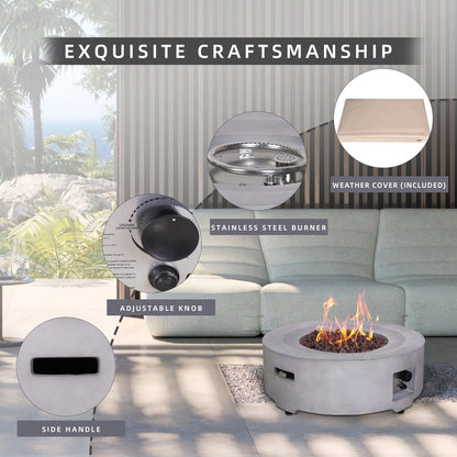 Afterglow TerraFab 30" Round 40,000 Btu Propane Fire Pit Fire Table for Outdoor Patio Garden Backyard Decking Dcor, Grey, Weather Resistant Cover and Lava Rocks Included, CSA Certified